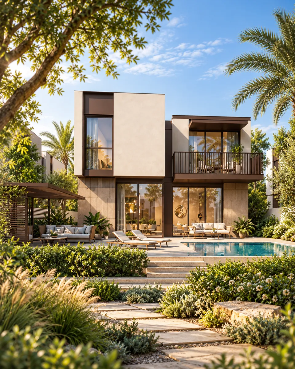 Illustrative villa with a landscaped garden and shaded terrace