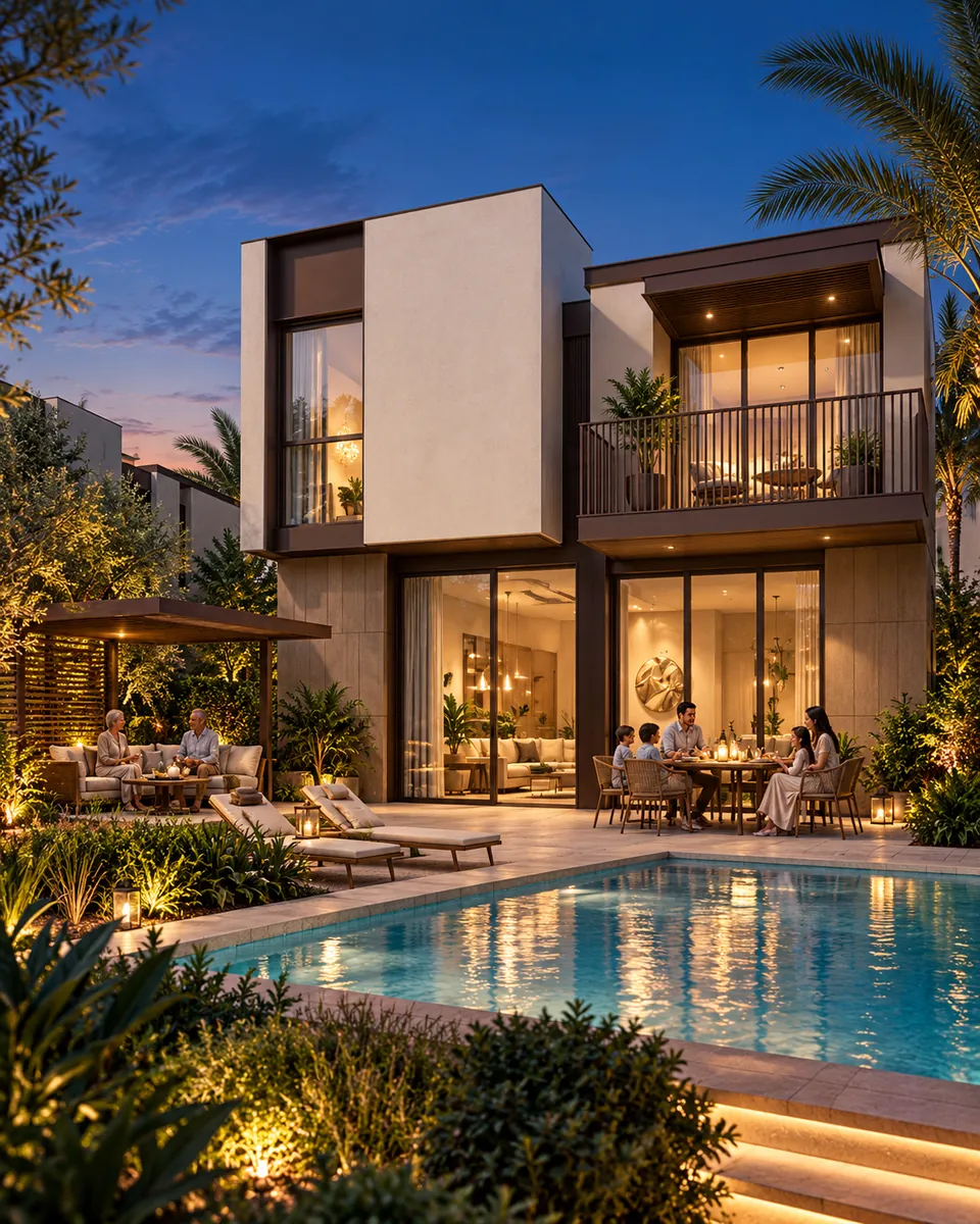 Illustrative evening villa terrace beside a garden pool